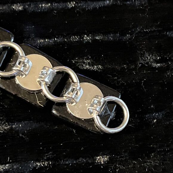 Dichroic Art Glass Silver & Black Tile Silvertone Chain Bracelet Fold Over Clasp - Picture 10 of 11